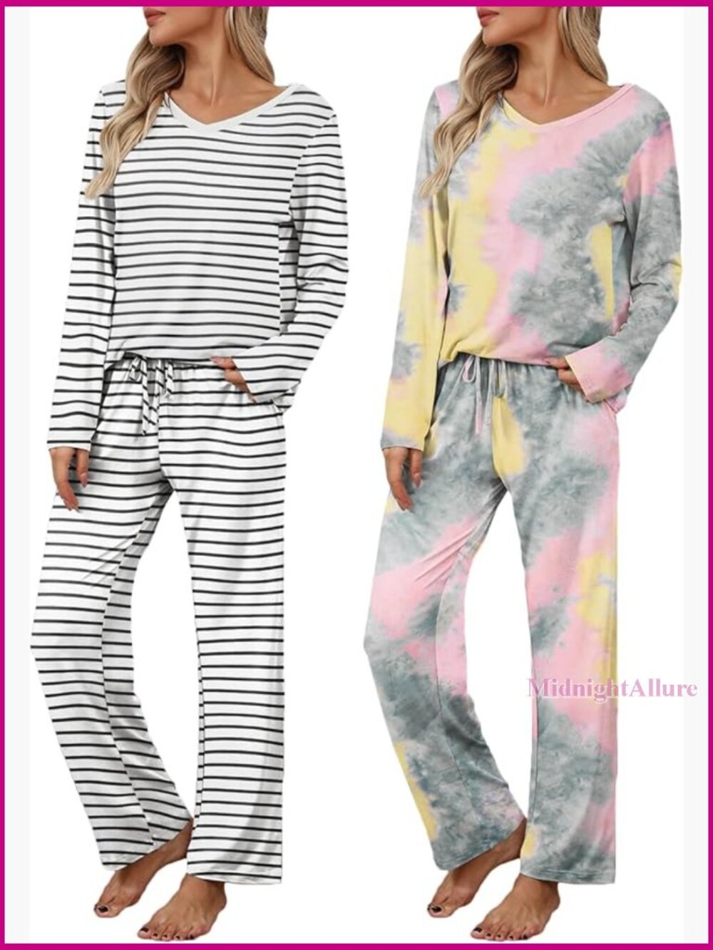 2 Pack Long Sleeve Pajama Set With Pockets V Neck Pjs Soft Loungewear